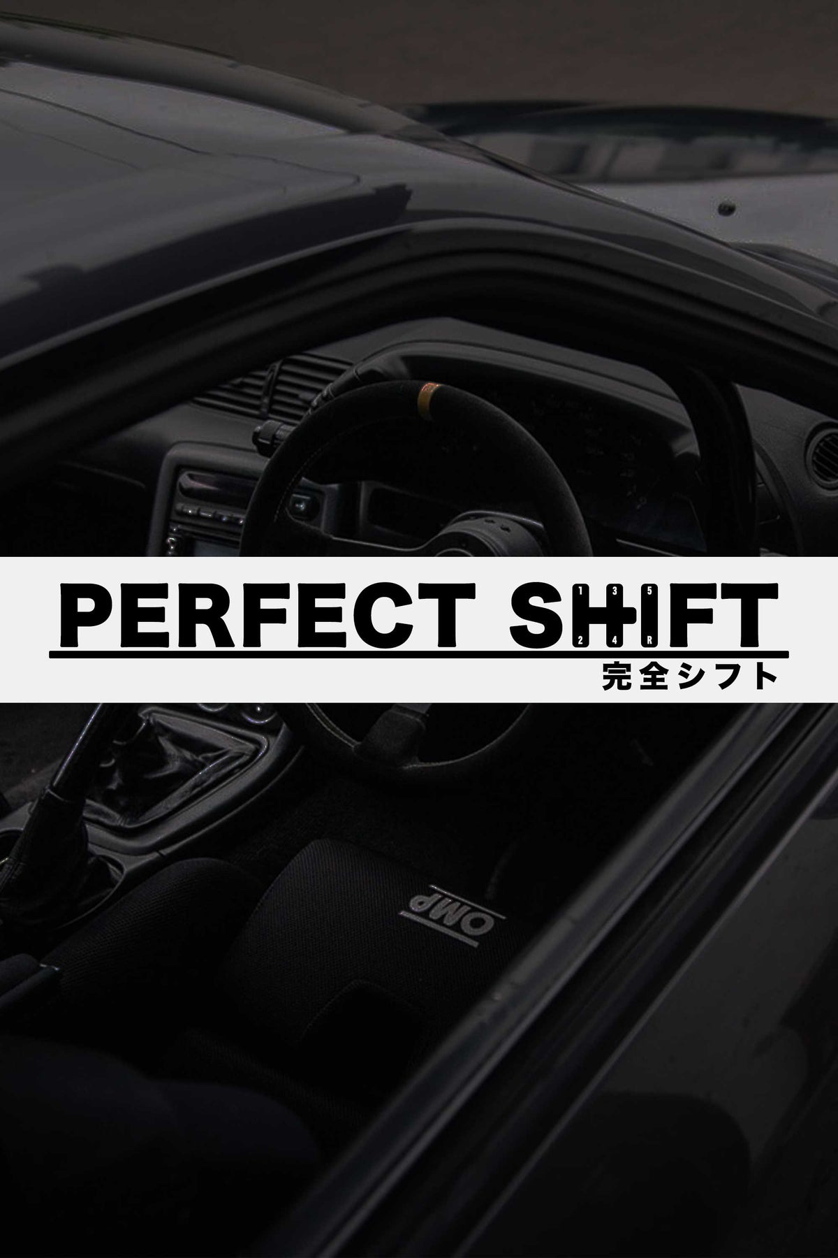 A branded Perfect Shift windshield banner with a darkened car interior at the back