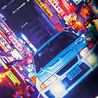Close-up of an EVO wall art which is full of neon signs at the back of the EVO car