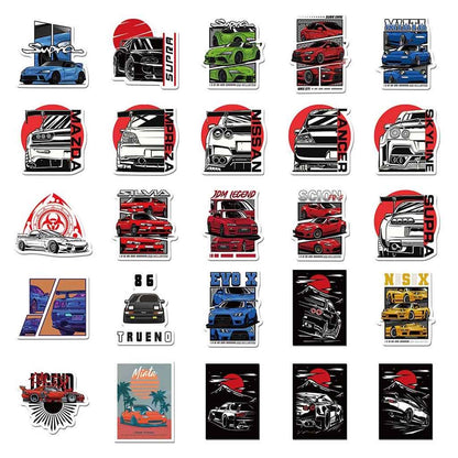 Various colourful JDM car stickers placed neatly on a white background