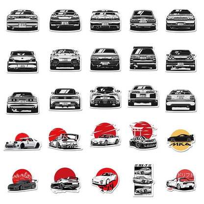 Various black and white and red JDM car stickers placed neatly on a white background, with most of them facing-forward