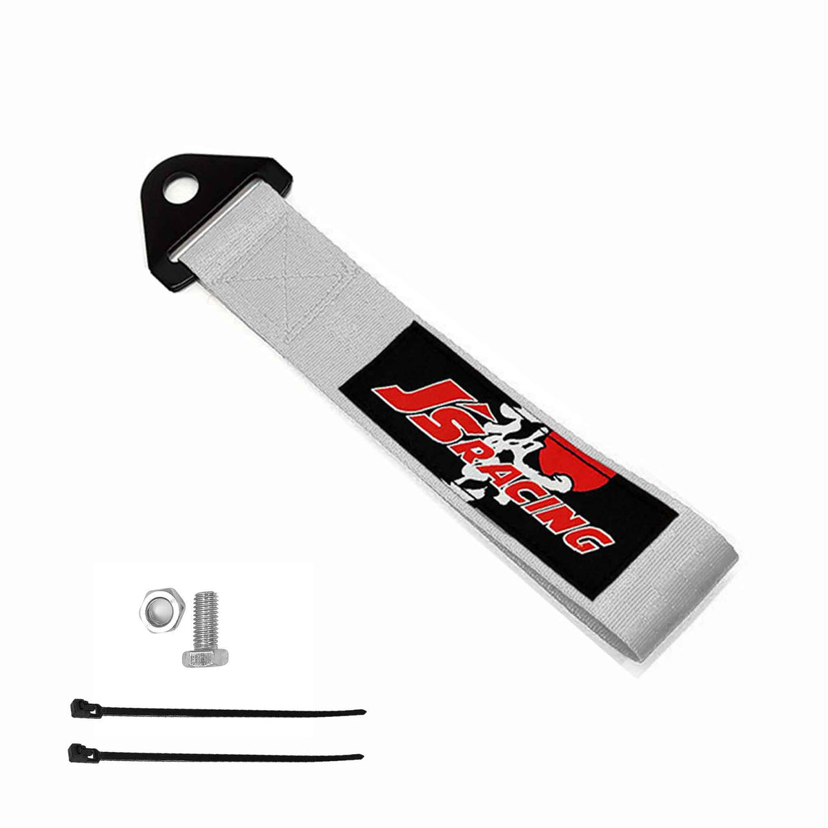 A silver Js racing tow strap, a set of bolt and nut, and two zip ties on a white background