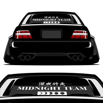 A Midnight Team vinyl decal applied on a rendered black car's rear window on a white background