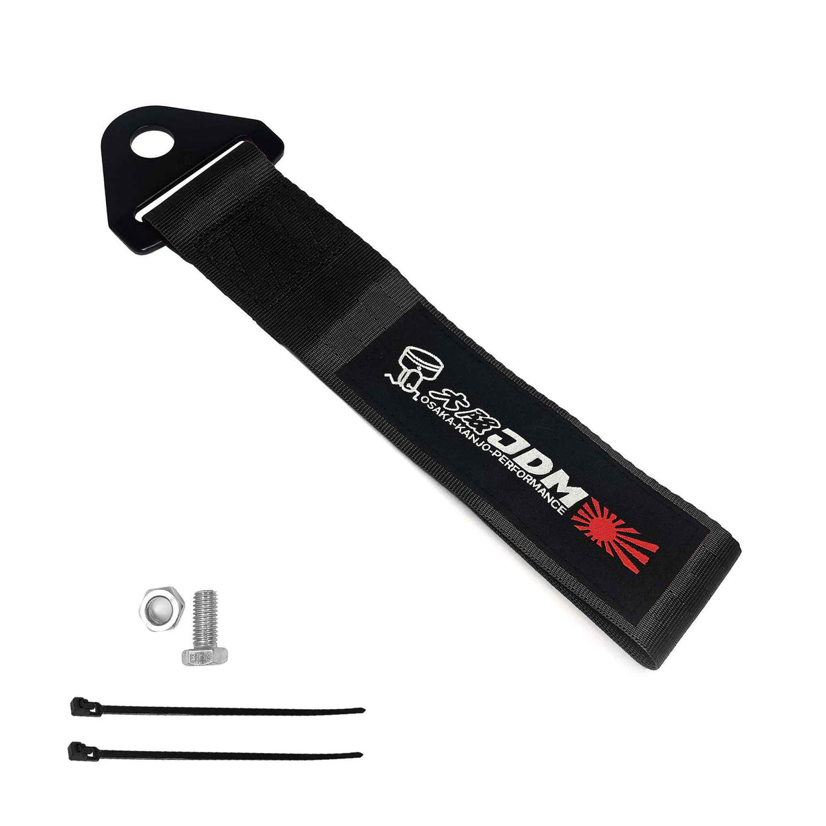 A black Osaka JDM tow strap, a set of bolt and nut, and two zip ties on a white background