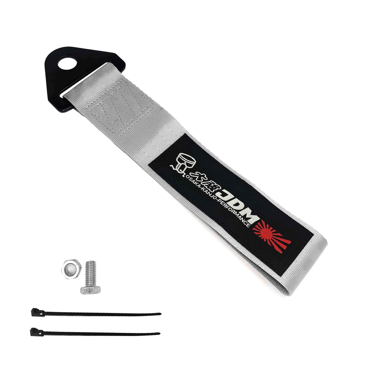 A silver Osaka JDM tow strap, a set of bolt and nut, and two zip ties on a white background